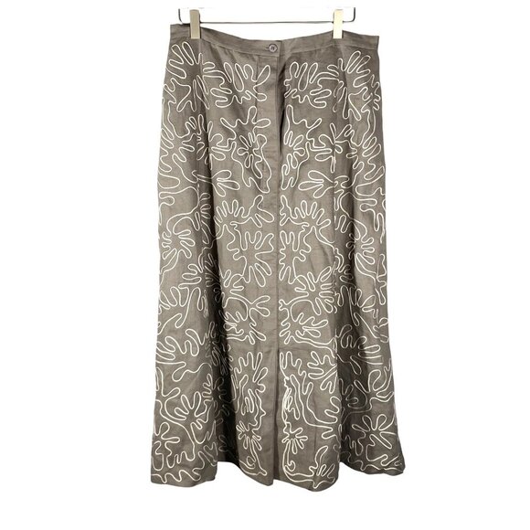 Lafayette 148 New York A-Line Linen Midi Skirt Size 8 Gray Embroidered piping - Picture 1 of 12